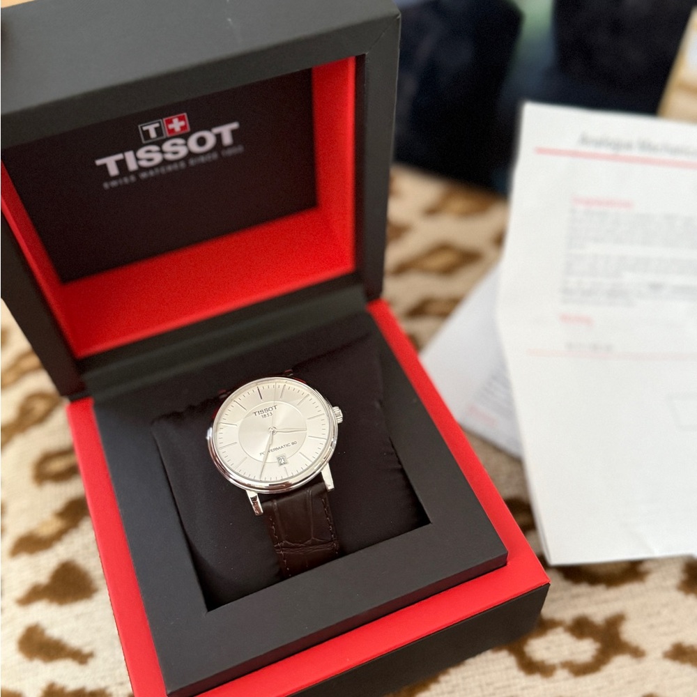 Men's Tissot Carson Premium Powermatic Brown Leather Watch with Silver Dial